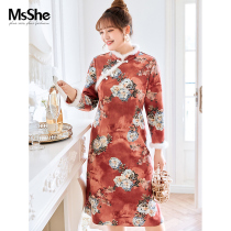 (Annual meeting shirt) MsShe large size womens winter stand collar bronzing suede imitation mink cheongsam dress