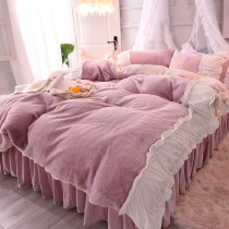 Winter princess Wind Rabbit Rabbit Suede Four-piece Girl Hearts Mesh Red Thickening Faller Suede Coral Suede 1 8m Bed Skirt Quilt Cover
