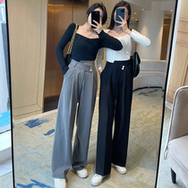 Design sense niche pants women 2021 new spring and autumn belt straight high waist light gray professional hanging pants