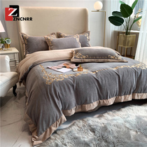 Autumn and winter bed four-piece set of light luxury double-sided thickened milk velvet sheets embroidery duvet cover coral velvet supplies