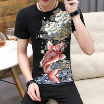 20 China Wind Mens Fashion Summer Brocade Carp Tide Card Short Sleeve T-shirt Male Tide Carp Printed Pattern Compassionate Pure Cotton Half Sleeve