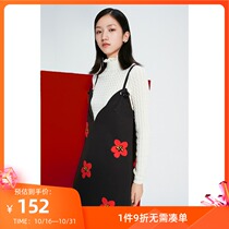LILY winter new womens color small flower A word black V collar suspenders dress 119450C7126