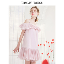 Sugar force summer new pink one-shoulder loose mesh pleated ruffle suspender dress for women