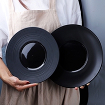 European style ceramic Western plate brushed flat bottom creative album 12 inch steak plate commercial hotel round flat plate