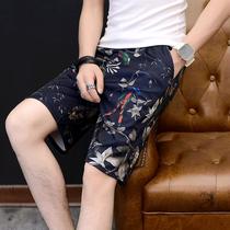 Casual shorts Mens summer loose trend brand printed pants Ice silk five-point beach pants wear mens pants outside