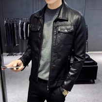 Mens lapel leather jacket Korean version of handsome short motorcycle leather jacket autumn and winter plus velvet padded leather mens coat wt