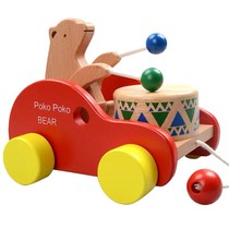 Childlike Mengmengjia Japanese brand beech bear drumming pull car dragging toddler wooden toy