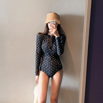  Korean swimsuit womens one-piece long-sleeved sunscreen sexy small chest gathered conservative belly cover thin zipper hot spring swimsuit