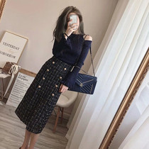 Hong Kong counter autumn and winter womens high cold mature temperament socialite wind long skirt base dress knitted two-piece set