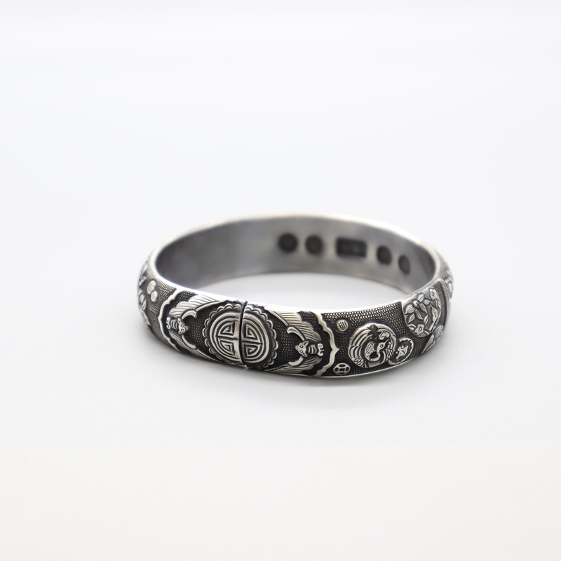 Jinnan Yuanfengtang Intangible Cultural Heritage Original Fortune and Longevity Three Blessings Silver Bracelet Handmade Engraved