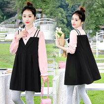 Pregnant women dress autumn 2021 New loose long sleeve fake two-piece coat women long set spring and autumn