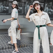 Tooling jumpsuit female summer 2021 New corset waist casual slim Korean womens short sleeve fashion jumpsuit tide