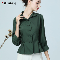 2021 autumn new shirt blouse womens coat seven points middle Sleeve Shirt waist slim body slim professional wear design feeling summer