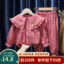2022 spring and autumn new products girls baby little girl plaid home clothes pajamas set cotton kindergarten air-conditioned room