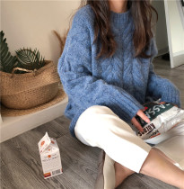 2021 autumn and winter New Blue twist sweater women loose wear thick pullover round neck lazy top