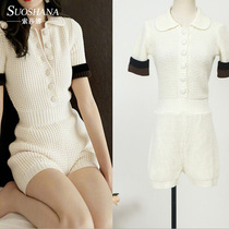 Shen Mengchen same black and white color knit jumpsuit 2021 New French fashion waist jumpsuit