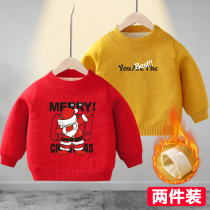 Baby plus fluff red Christmas childrens Autumn and winter new baby top boys  thickened little girls