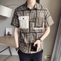 Fugui Bird Men Overalls Collared Shirt Short Sleeve Vintage Summer New Korean Version Casual Loose Turd shirt lining