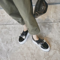 Thick sole shoes womens 2021 Korean version of spring and autumn leather bow rhinestone loafing shoes a pedal lazy shoes pine cake shoes