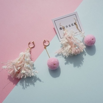 Cherry hand-made earrings female Korean ultra-warm soft sister tassel felt plush long asymmetric earrings ear clip