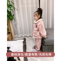 Shi Pea girls pajamas autumn and winter sweet foreign childrens home clothes thick double-sided velvet home nightdress set