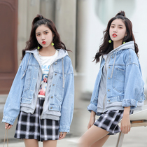 2021 Spring and Autumn New Korean Harajuku BF wind loose sweater stitching knit fake two hooded denim coat women
