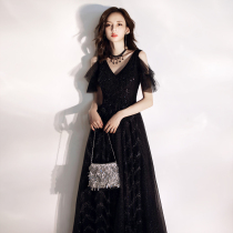 Black v-neck evening dress women 2021 new temperament noble banquet host large size thin cover-up arm dress