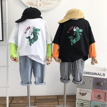 Green Childrens products) Spring 2020 Korean childrens cartoon color pure cotton fake two T-shirt tide baby likes printing
