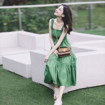 Guli Na Za with green suspenders dress female summer fashion sexy seaside resort style slim long skirt