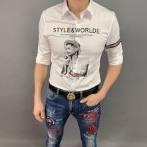 White shirt men 19 autumn tide brand stretch slim white shirt European station youth handsome long-sleeved printed shirt