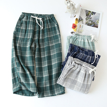 Japanese plaid pajama pants mens summer cotton Capri pants washed crepe summer thin loose over the knee home pants