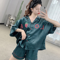 2021 new pajamas summer thin striped strawberry two-piece Ice Silk short sleeve pajamas women Ice Silk home wear
