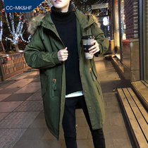 chic Hong Kong style cotton-padded clothes mens style handsome long bf Harajuku style lamb wool plus velvet ins jacket