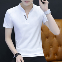Tide brand summer short sleeve T-shirt mens slim Stand Collar Cotton Joker V neck white youth Korean thin shirt