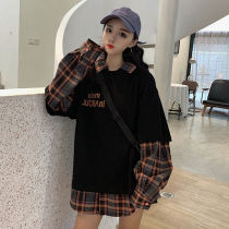 Port Taste Fake two dolls collar plaid Long sleeves Acropolis Girl Spring Autumn Dress Big Code 200 Catty Students Lazy Wind Blouse
