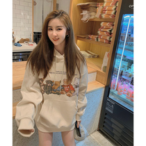 Bear hooded oversize sweater female spring and autumn thin Korean version loose American vintage long top ins ins