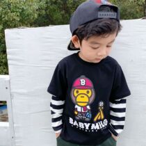 Boys T-shirt 2020 Spring New Japanese Tide Childrens Wear Top Apes Stripe Sleeve Fake Two Long Sleeve T-shirt