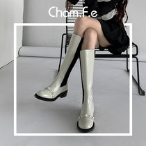 Small fragrant wind Pearl tall Knight boots winter leather thick heel elastic long boots full leather low heel boots children 225C