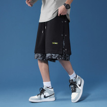 Summer cashew flower stitching shorts mens fake two-piece street trend brand loose straight sports casual five-point pants