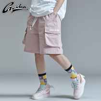 GUUKA Tide brand Cherry pollen shorts female summer loose hip hop couple cotton print multi-pocket tooling five-point pants