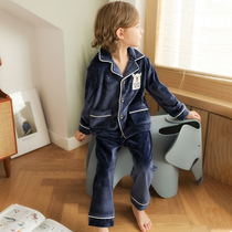 Childrens coral velvet pajamas boys autumn and winter flannel boys home clothes middle and big children plus velvet thickened suit