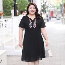 Fat mother short sleeve black plus size dress wide wife 200kg fat loose fashion temperament summer dress thin
