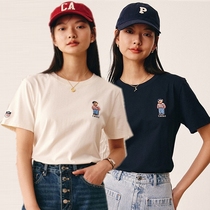 2022 Summer new Korean version Loose All-cotton Small Bear Embroidery Round Collar Short Sleeve T-shirt Woman TTRW226307N