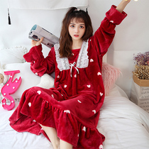 Sleeping skirt women autumn and winter coral fleece Korean version plus velvet padded long warm cute pregnant women pajamas can be worn with extra size