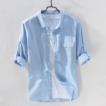 Mens shirt summer new Japanese retro simple linen long sleeve shirt cotton sky blue casual cotton linen top