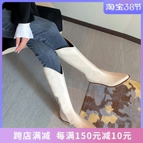 Special price clearance Cowboy boots female retro genuine leather coarse heel pointed long boot white though knee-length cylinder high cylinder rider boot