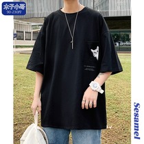 Muzi little brother pocket cat print T-shirt male summer handsome youth loose short sleeve shirt ins trend harbor style