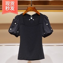 Na Wei Zhuo Ya Yi Wei 2021 new black knit womens summer short sleeve square collar bubble sleeve thin top