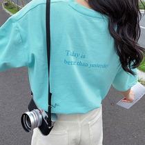 Pure cotton short-sleeved t-shirt womens summer 2021 new design sense niche loose short section clear water lake blue top ins