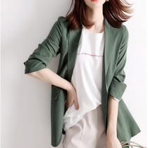 Japanese women's 2021 spring new Hepburn style small suit fashionable buckle silk hemp arch needle long women's suit